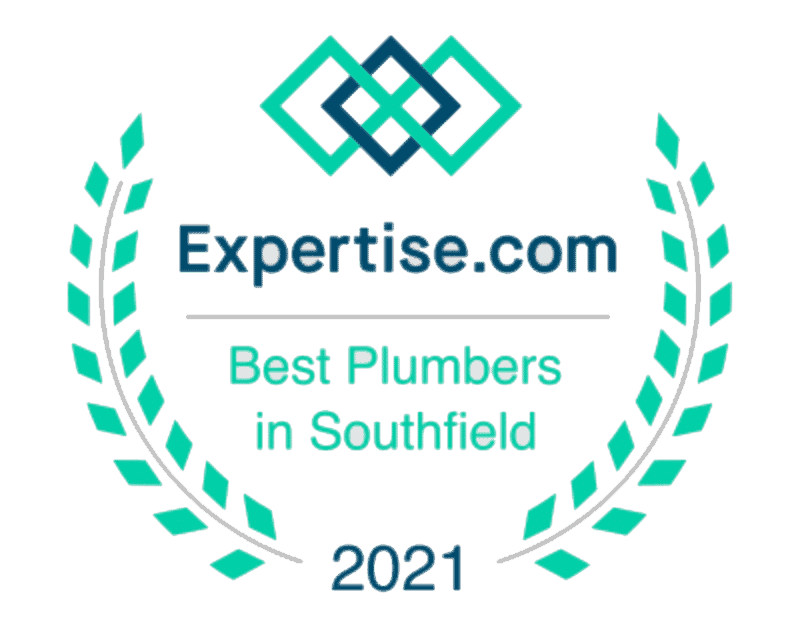 Badge with Expertise.com Best Plumbers in Southfield 2021 in teal and navy text, surrounded by a laurel wreath and a geometric logo at the top—highlighting Bison Plumbing, trusted for trenchless sewer repair and plumbers in Warren, MI.