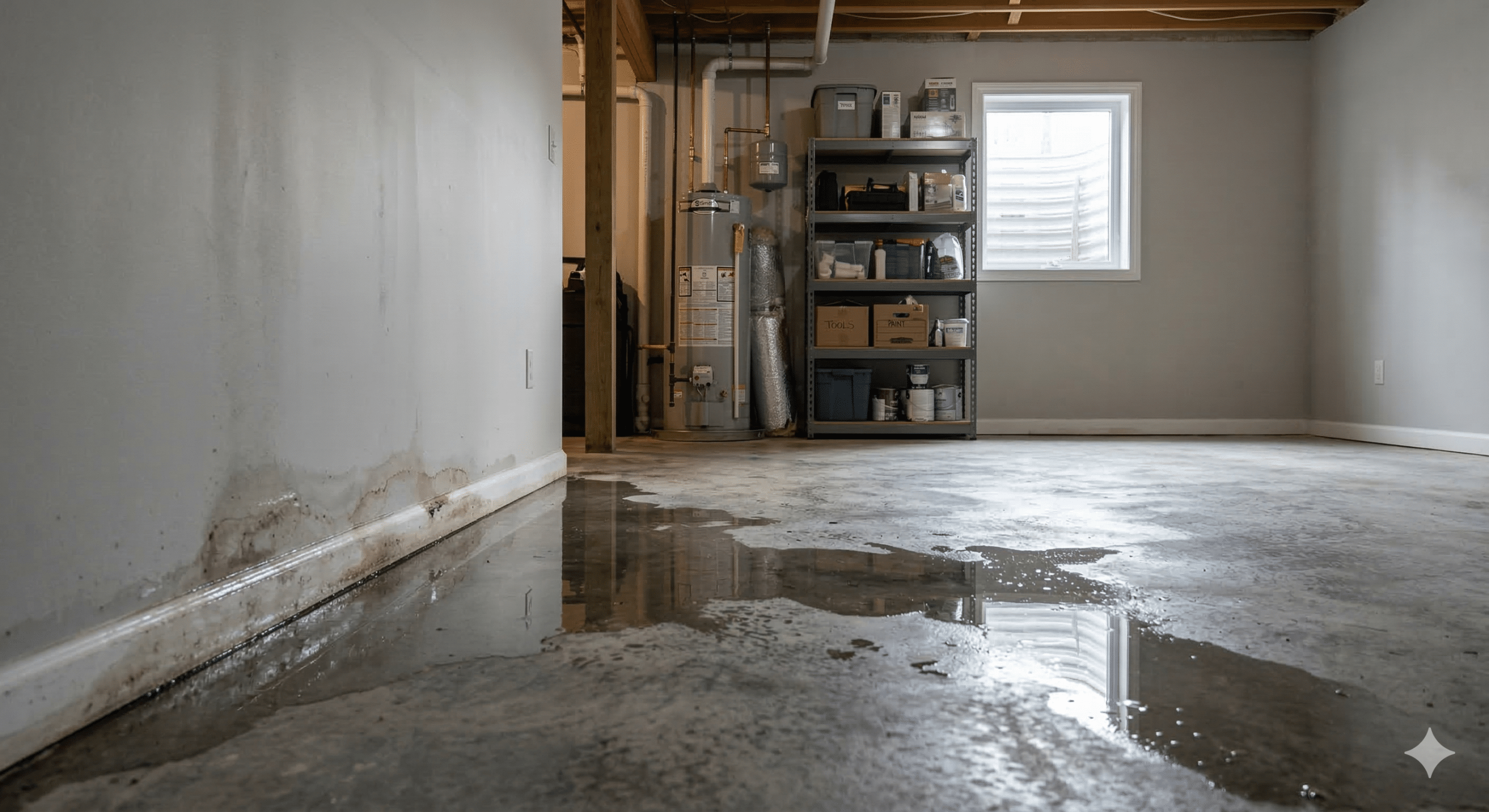 Water damage in a residential basement — standing water on the floor near foundation walls in Warren, MI