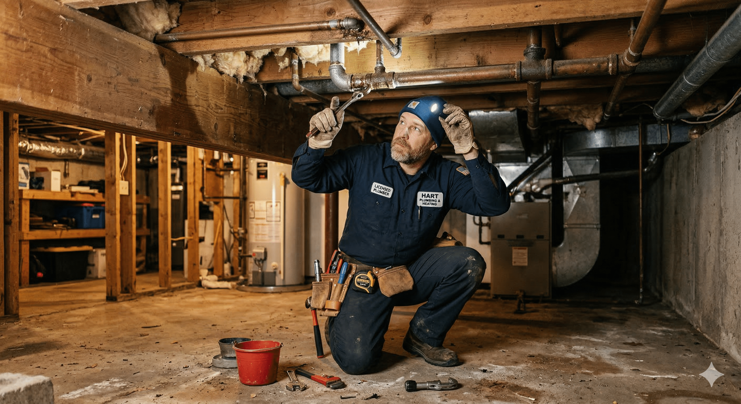Licensed plumber inspecting basement plumbing pipes for leaks — a key step in diagnosing water in basement causes in Warren, MI