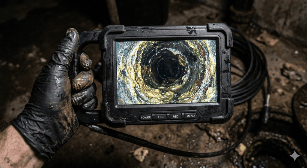A gloved hand holds a monitor displaying a live feed from a camera inside a dirty, corroded pipe, likely being inspected for blockages or damage. Coiled cables and debris are visible in the background.