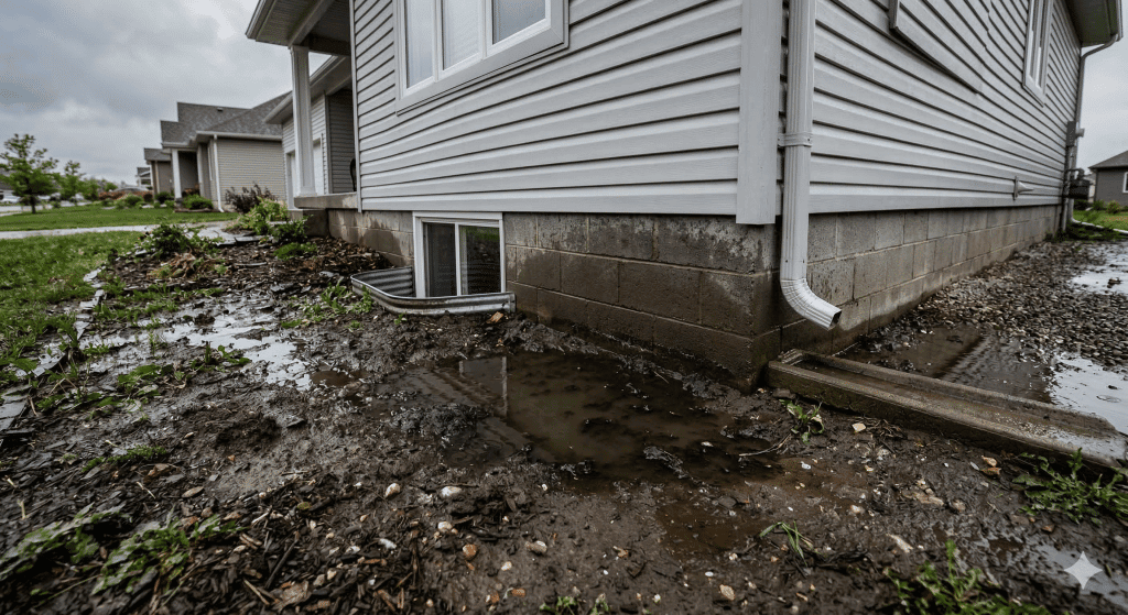 Rainwater pooling against a house foundation beside a downspout after a storm