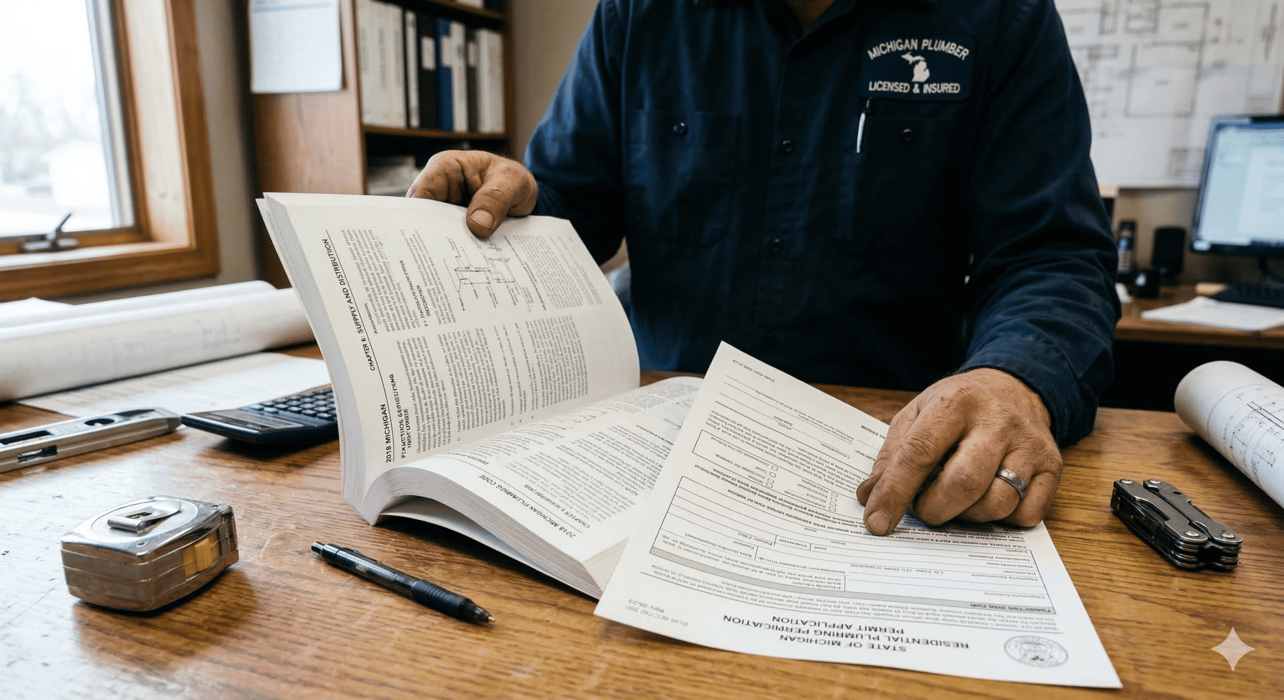 Plumber reviewing Michigan plumbing code documentation before beginning permitted residential work in Macomb County