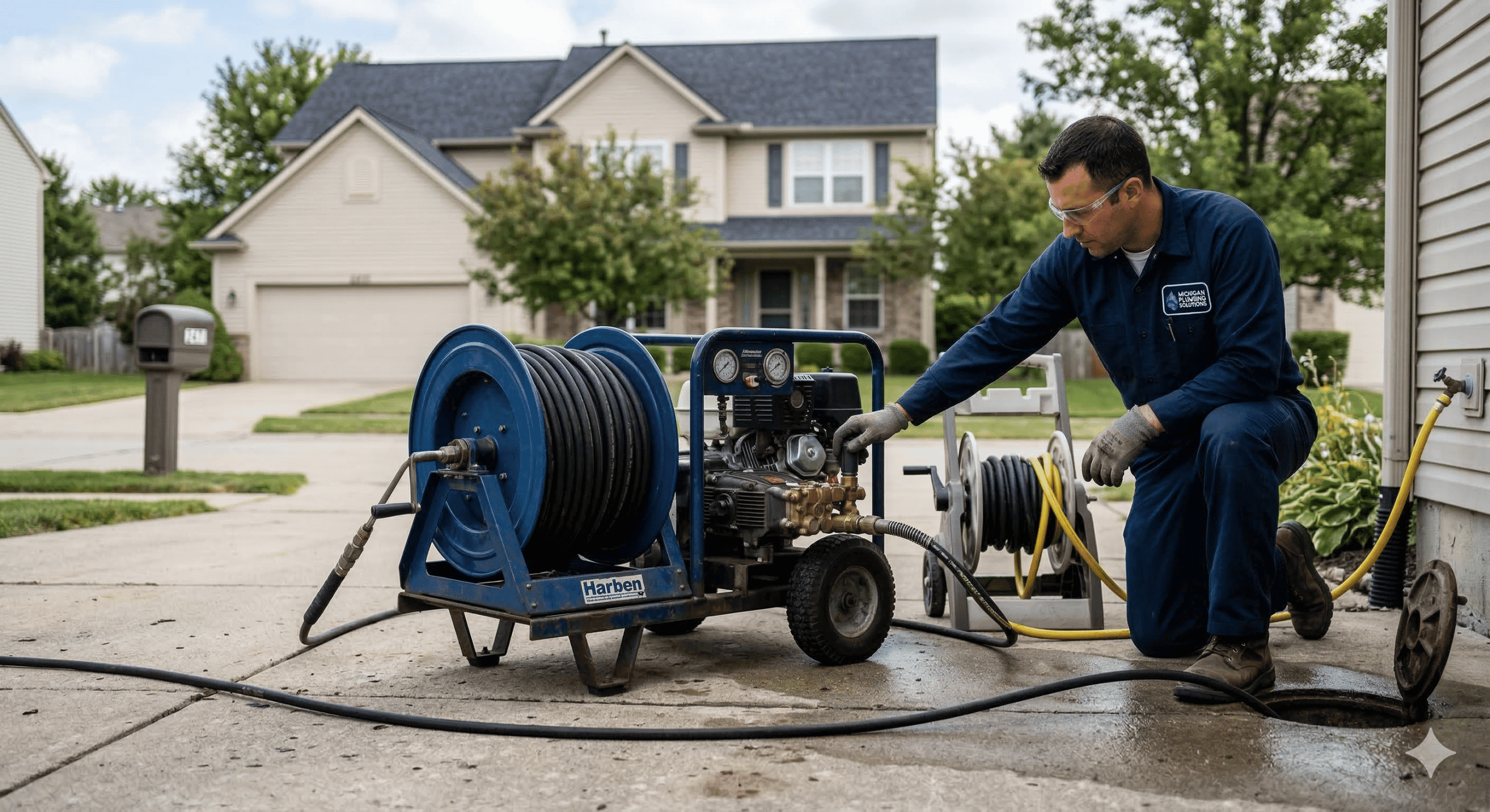 Hydrojetting equipment connected to a residential sewer cleanout for high-pressure pipe cleaning in Michigan