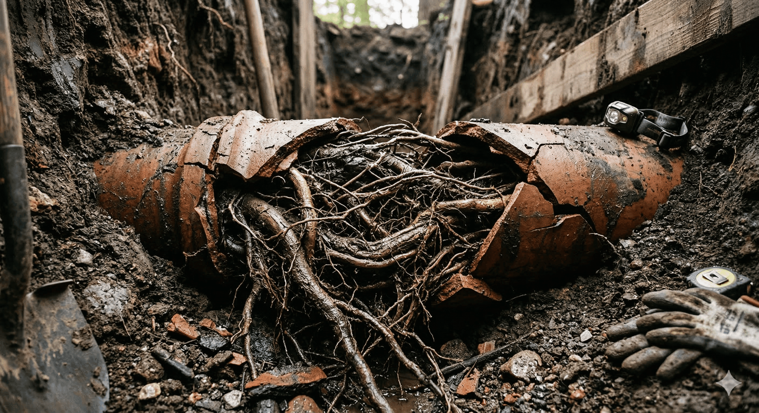 Sewer camera inspection monitor showing root intrusion and pipe deterioration in a Michigan residential sewer line