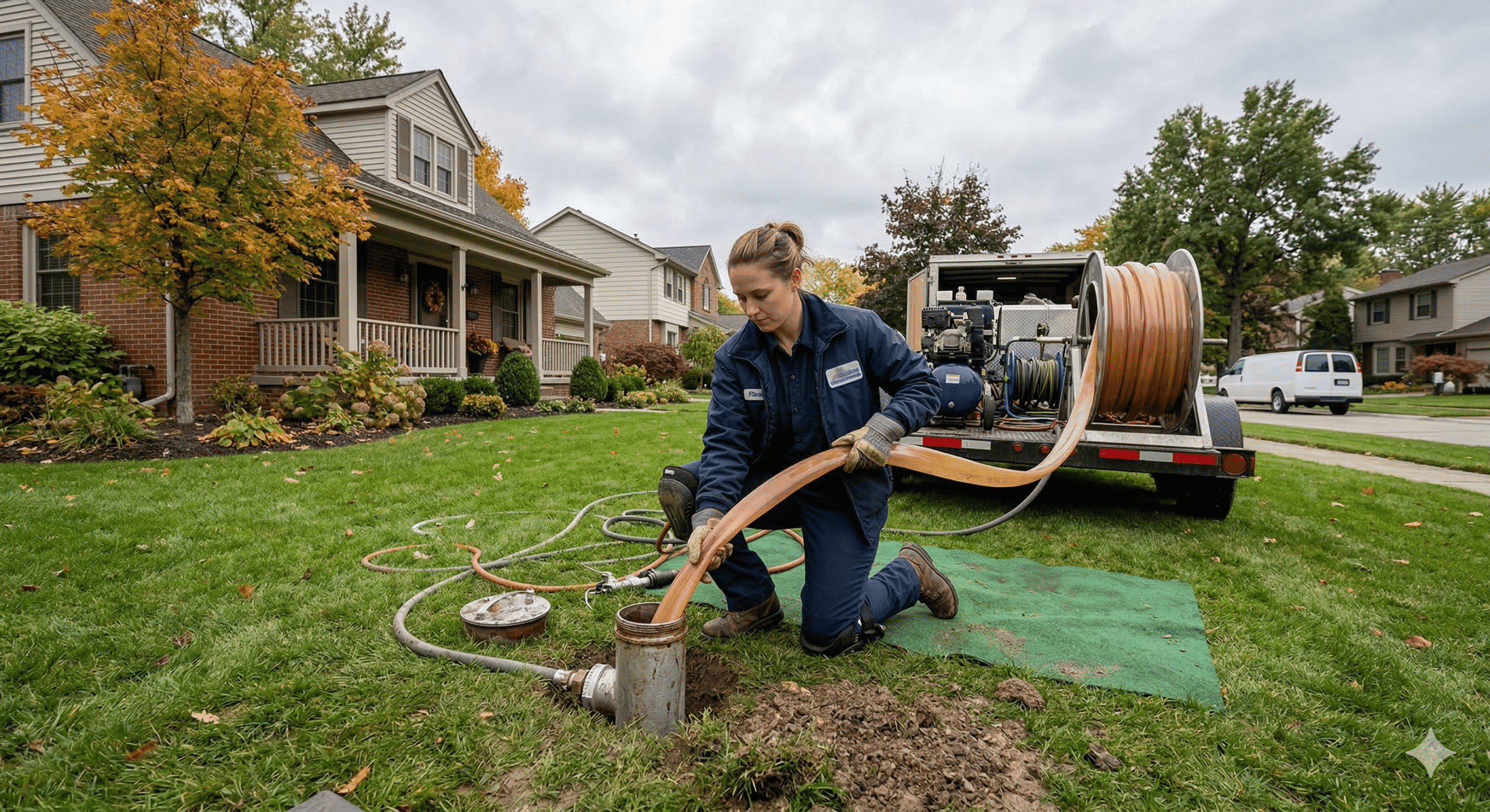 Sewer line inspection camera being fed into a cleanout access point on a Michigan residential property