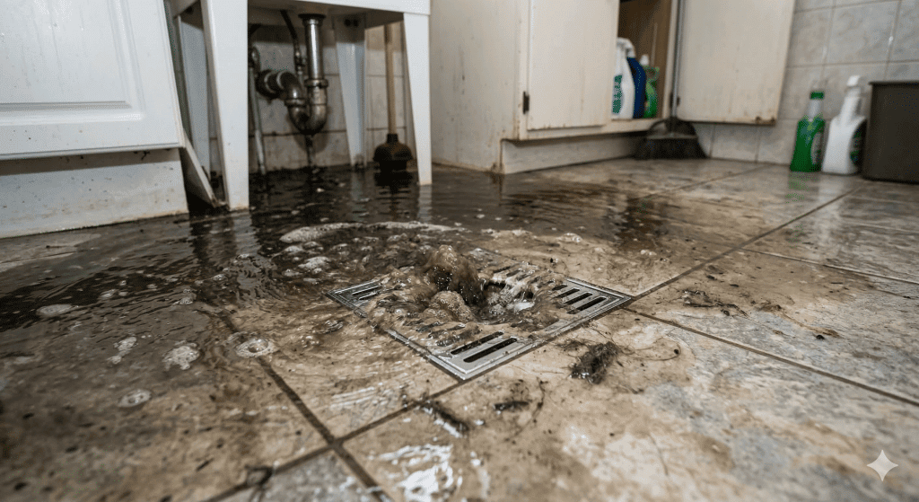 Dirty water and debris flooding a tiled kitchen floor, overflowing from a floor drain near open cabinets and cleaning supplies, indicating a plumbing or sewage backup issue.