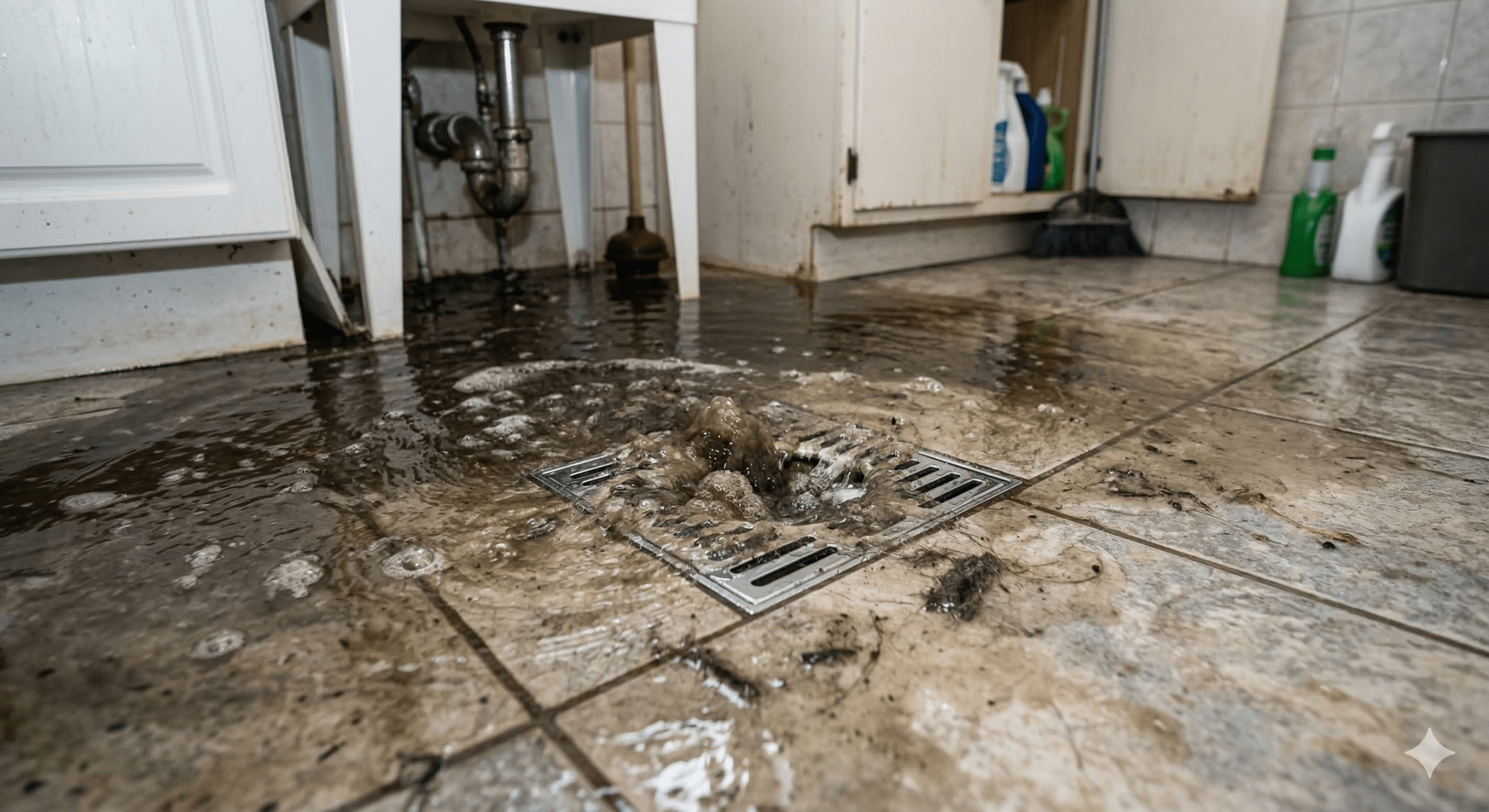 Drain backing up in a Warren, MI home — water pooling around a floor drain due to a sewer line blockage