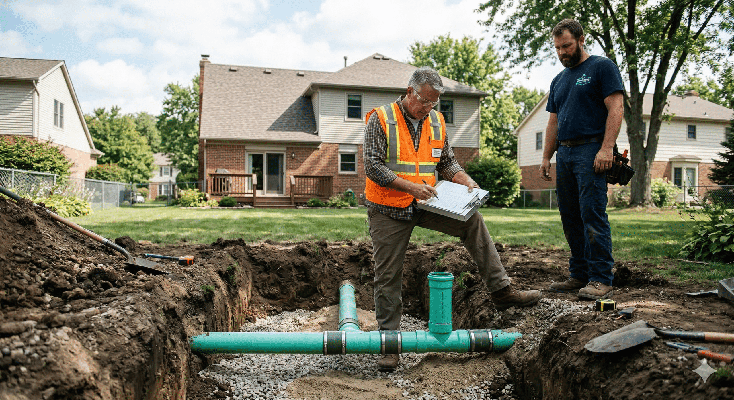 Licensed Michigan master plumber reviewing permit documentation before beginning a sewer line repair in Macomb County