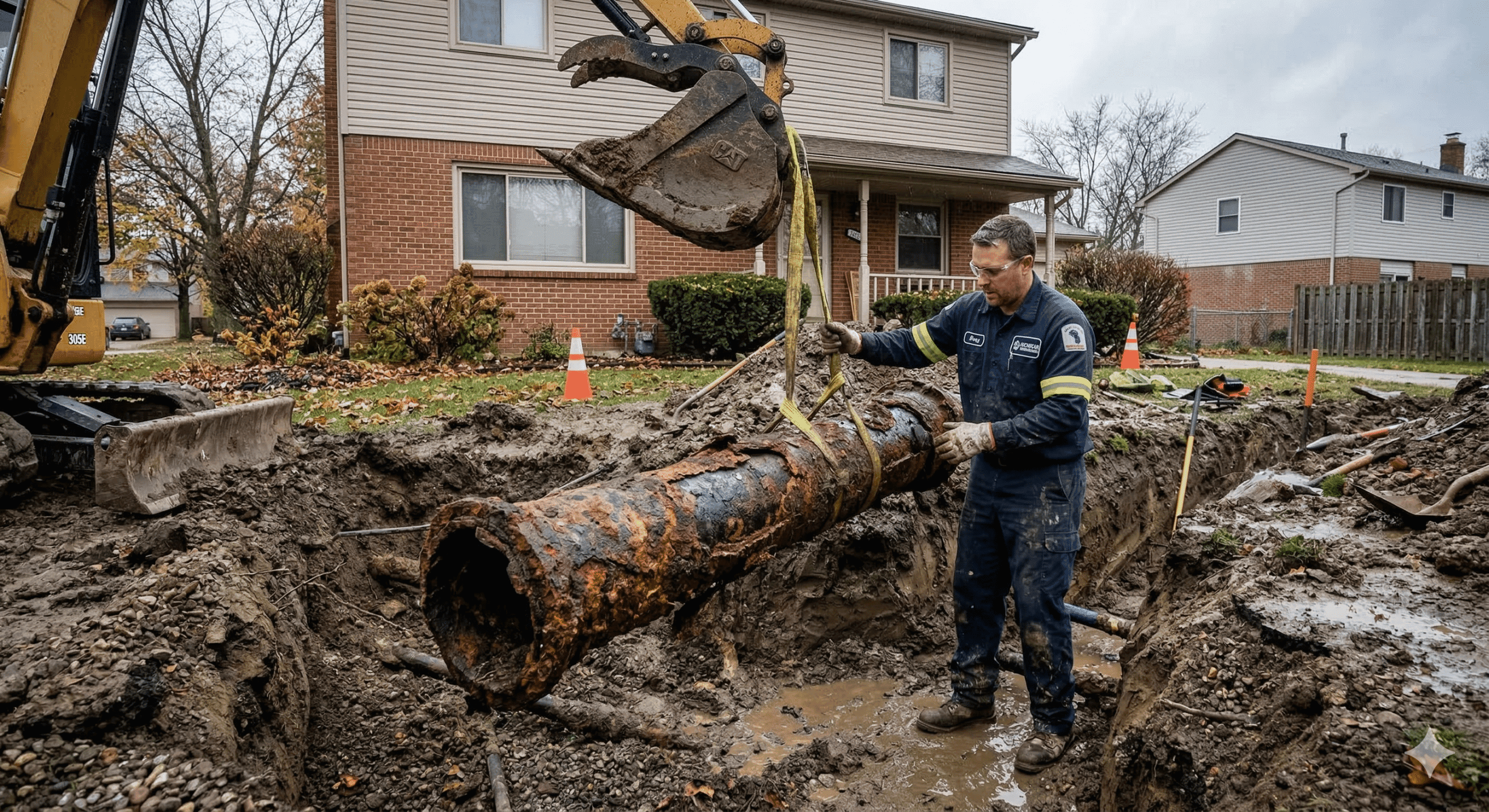 Tree roots growing through a cracked clay sewer pipe — a common cause of sewer line replacement in Michigan