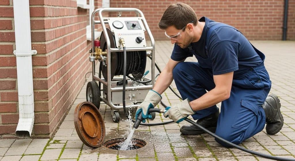 A worker in blue coveralls and gloves uses a hose to clean a drain outdoors, next to a brick wall. A drain cleaning machine is placed nearby on the pavement, spraying water around the drain opening.