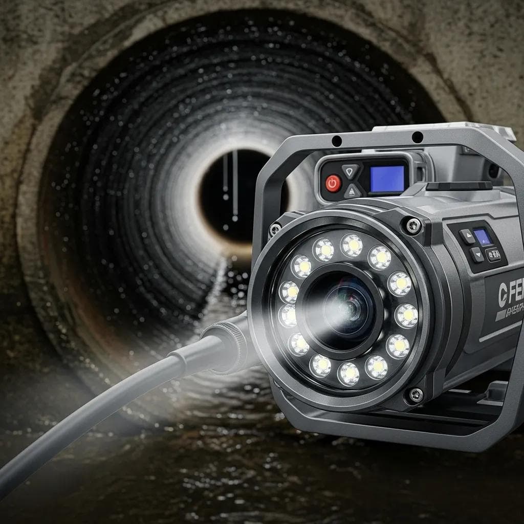 Close-up of a high-resolution sewer camera with LED lights used for Rochester Hills inspections