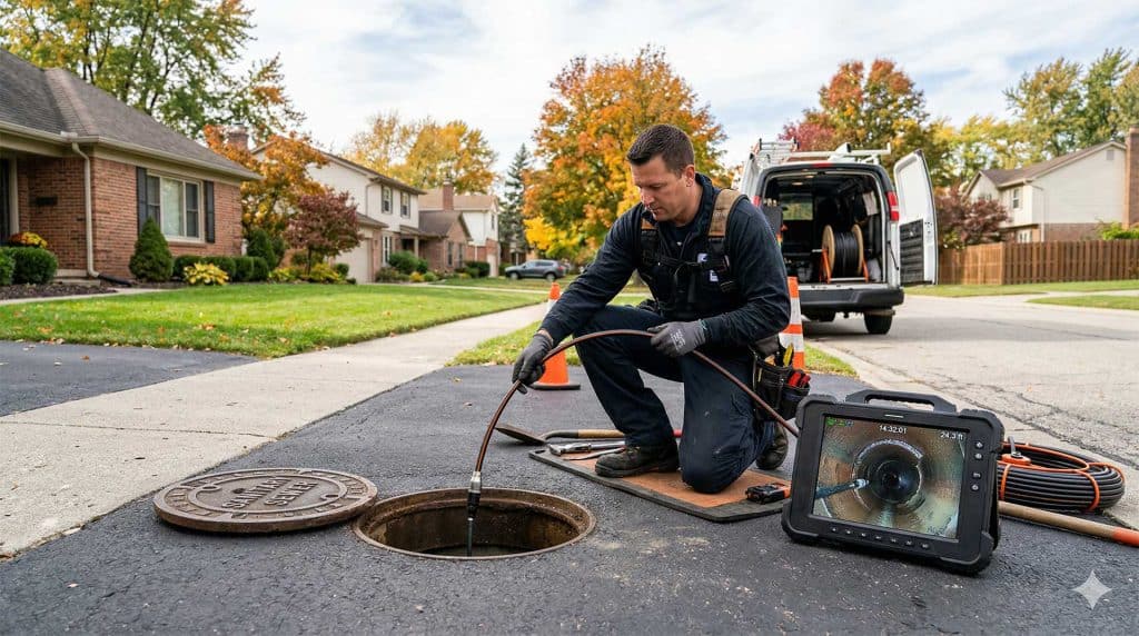 A worker kneels beside an open manhole in a suburban street, feeding a cable into the sewer while monitoring the process on a screen. A white van and orange safety cones are in the background.