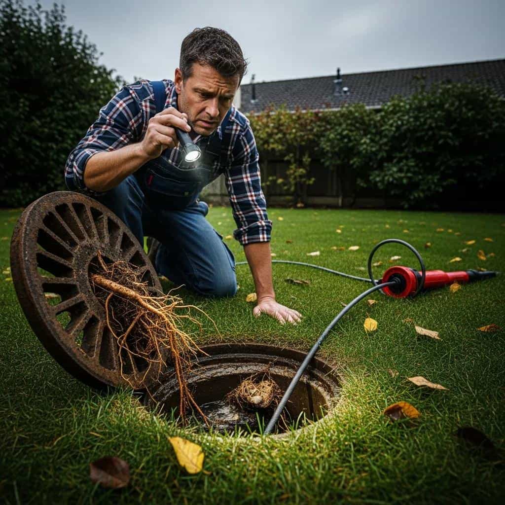 A man kneels on grass, holding a flashlight and inspecting a sewer drain with the cover lifted. Tree roots are visible clogging the drain, and plumbing tools are lying nearby. It appears to be a cloudy day in a backyard.