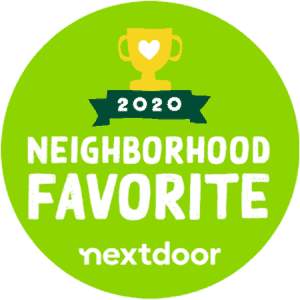A green circular badge with a yellow trophy and white heart, text reads 2020 Neighborhood Favorite nextdoor.