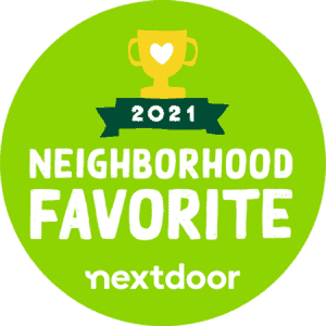 Green circular badge with a yellow trophy and heart, text reads: 2021 Neighborhood Favorite nextdoor.