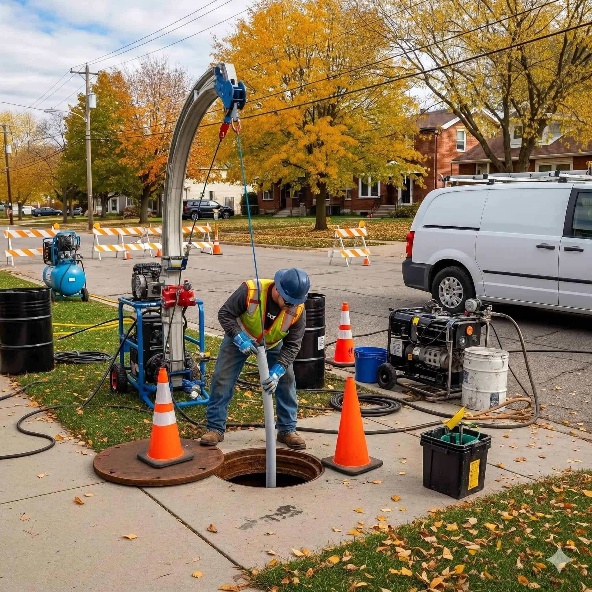 A worker in safety gear uses equipment at an open manhole on a residential street. Traffic cones, tools, and machinery surround the area. Trees with autumn leaves and a white van are visible in the background.