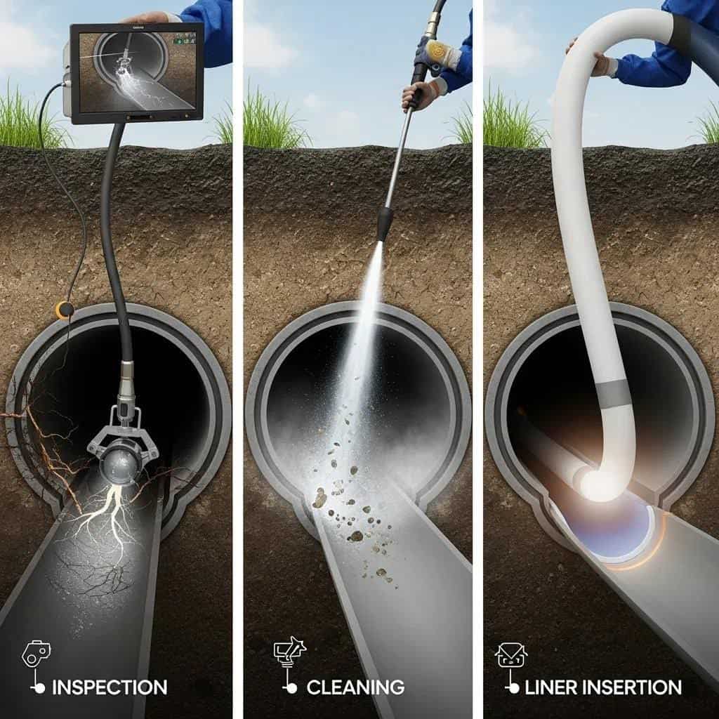 Three panels show stages of pipe repair: inspection with a camera, cleaning with a high-pressure water jet, and liner insertion into the pipe. Icons and labels describe each step at the bottom of each panel.