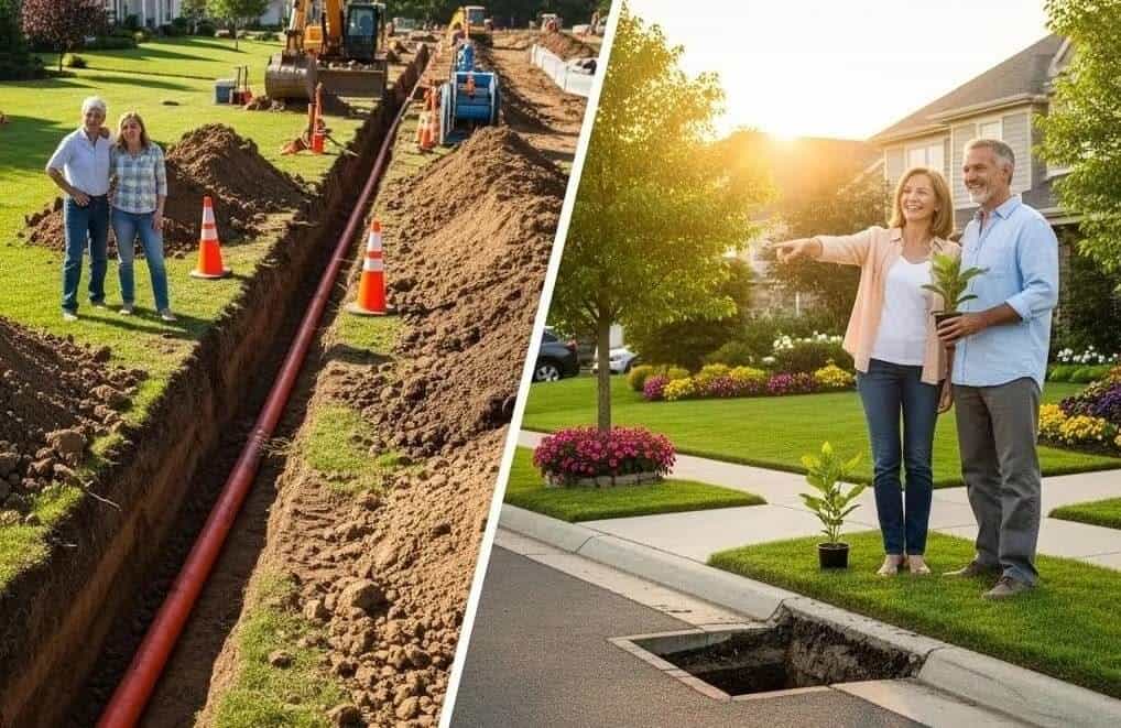Left: Two people stand beside a long trench with a red pipe and construction equipment. Right: A couple stands on a green lawn with a potted plant, pointing near a small hole in the grass. Both scenes are in suburban neighborhoods.