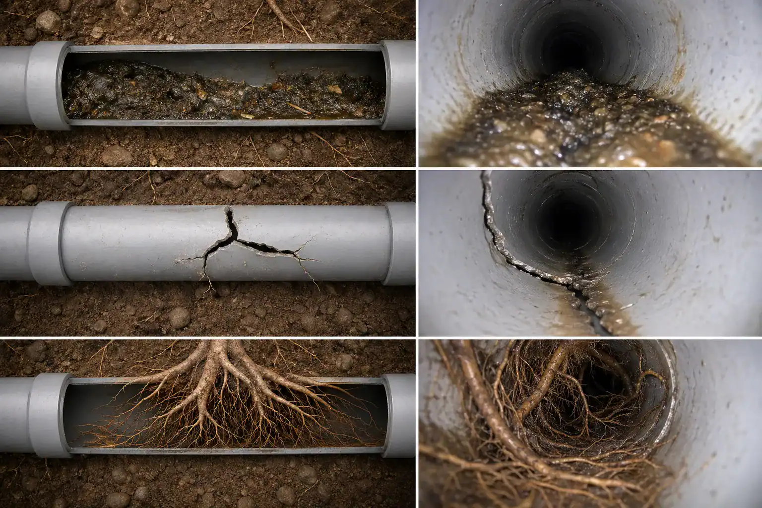 A series of images showing cross-sections of underground pipes blocked with debris, cracked by invading tree roots, and filled with roots growing through the cracks, illustrating common pipe damage problems.