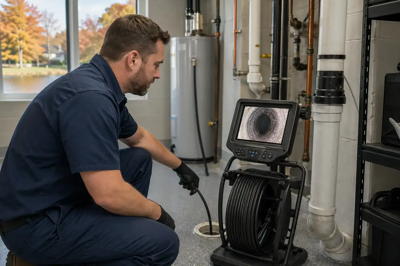 A plumber in navy uniform uses a sewer inspection camera to examine pipes in a utility room. The monitor displays an interior pipe view, and the plumber is kneeling next to the equipment.