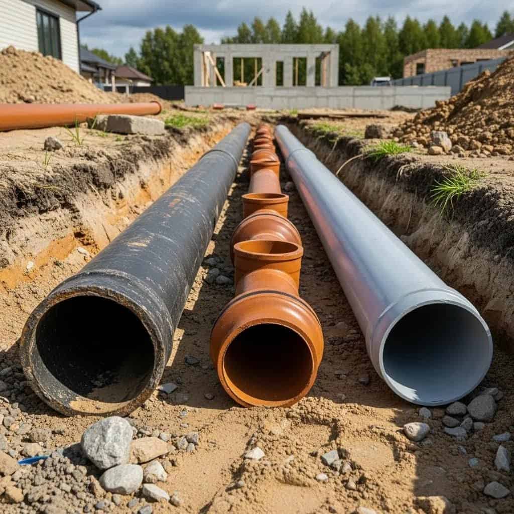 Three large pipes, one black, one brown, and one gray, are laid in a trench at a construction site with a partially built house and equipment visible in the background. Dirt and gravel cover the ground.