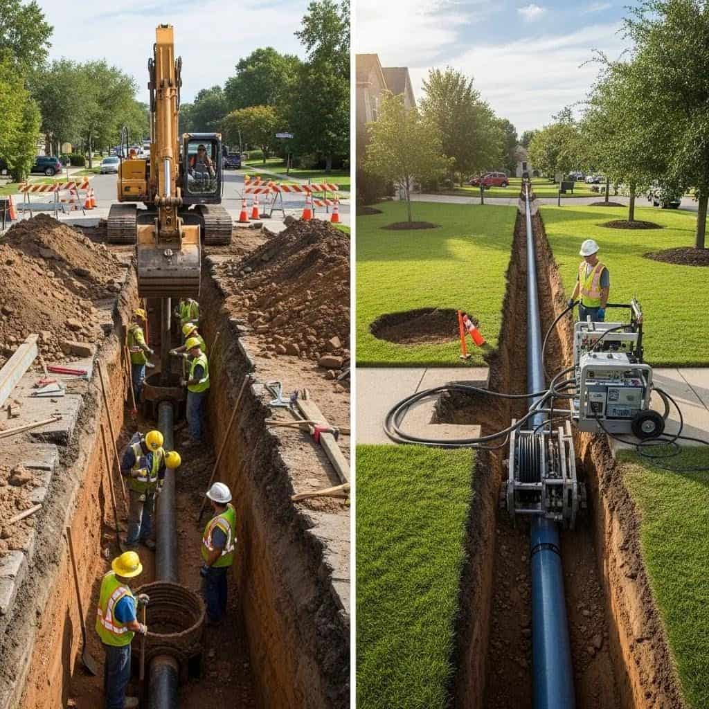 Two side-by-side images show construction workers installing large water pipes in trenches along a residential street lined with trees and houses. Heavy machinery and safety cones are present at the worksite.