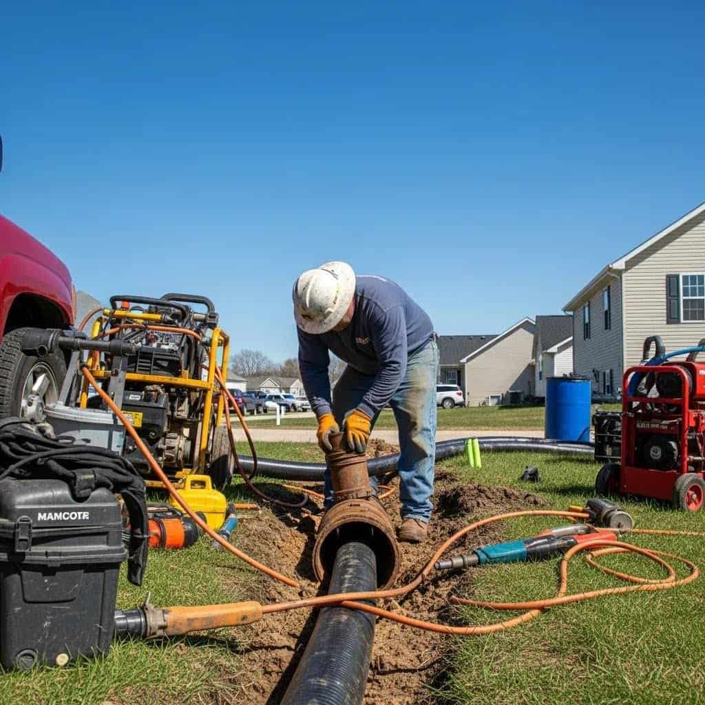 A construction worker wearing a hard hat and gloves installs a large black pipe in a residential yard, surrounded by equipment, tools, and nearby houses under a clear blue sky.