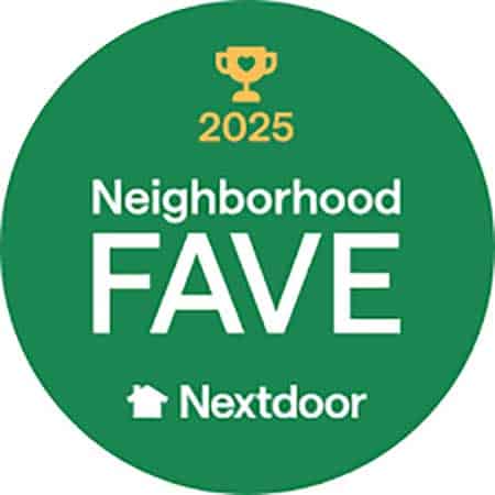 Green circular badge with a gold trophy icon and “2025” above the words “Neighborhood FAVE” and the Nextdoor logo at the bottom.