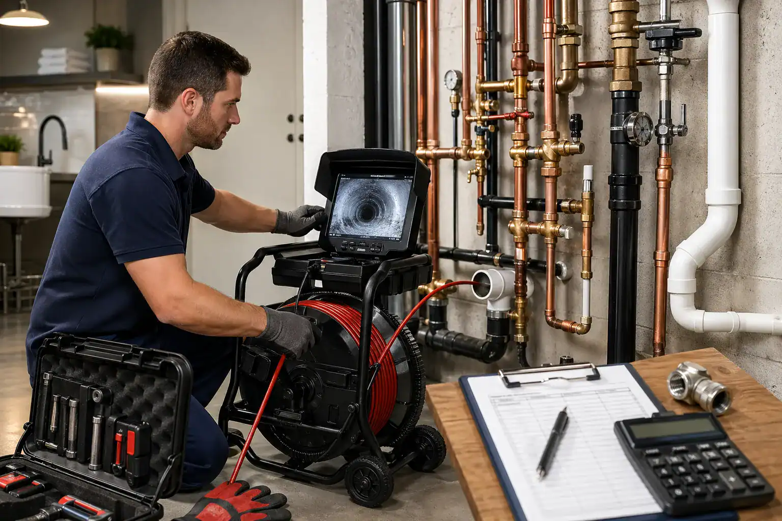 A plumber uses a video inspection camera to examine pipes in a utility room, surrounded by tools, copper piping, and a clipboard with a calculator and pen on a table nearby.