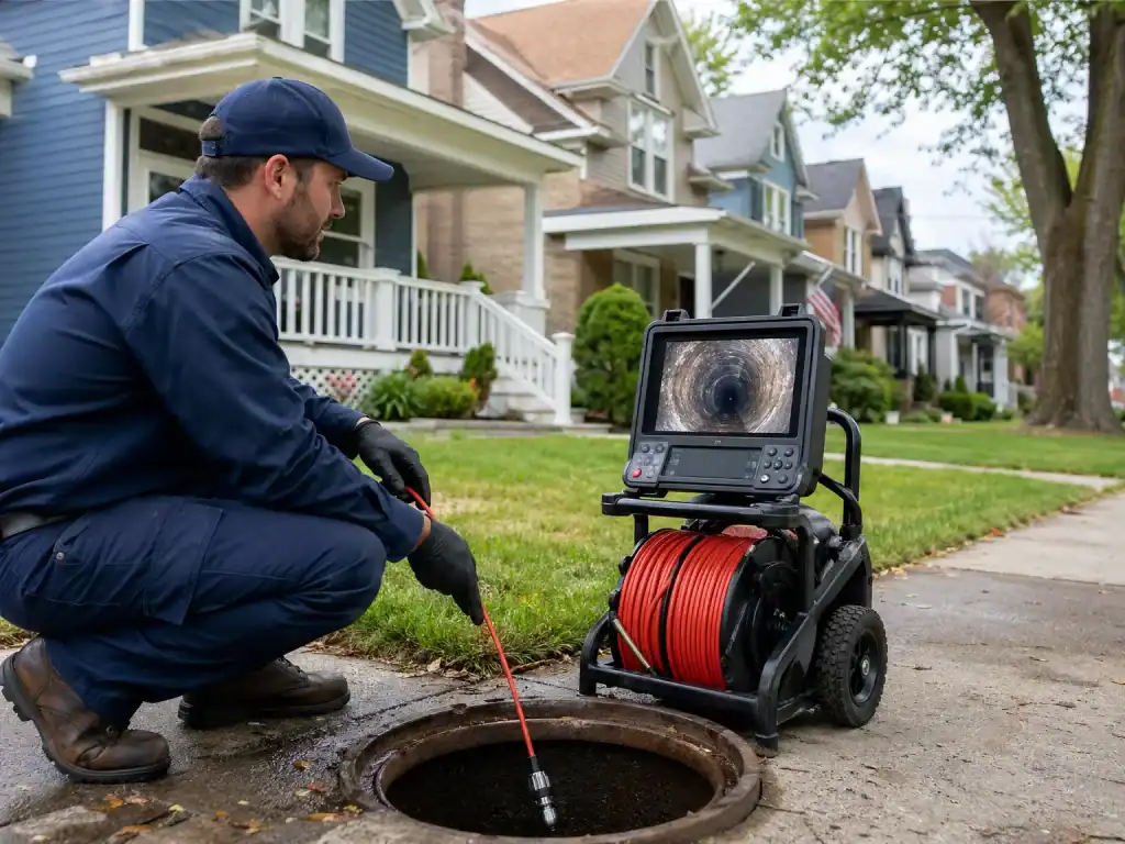 A worker in blue uniform uses a sewer inspection camera on a residential street, monitoring the inside of a manhole via a screen on a wheeled device with a long orange cable beside houses with green lawns.