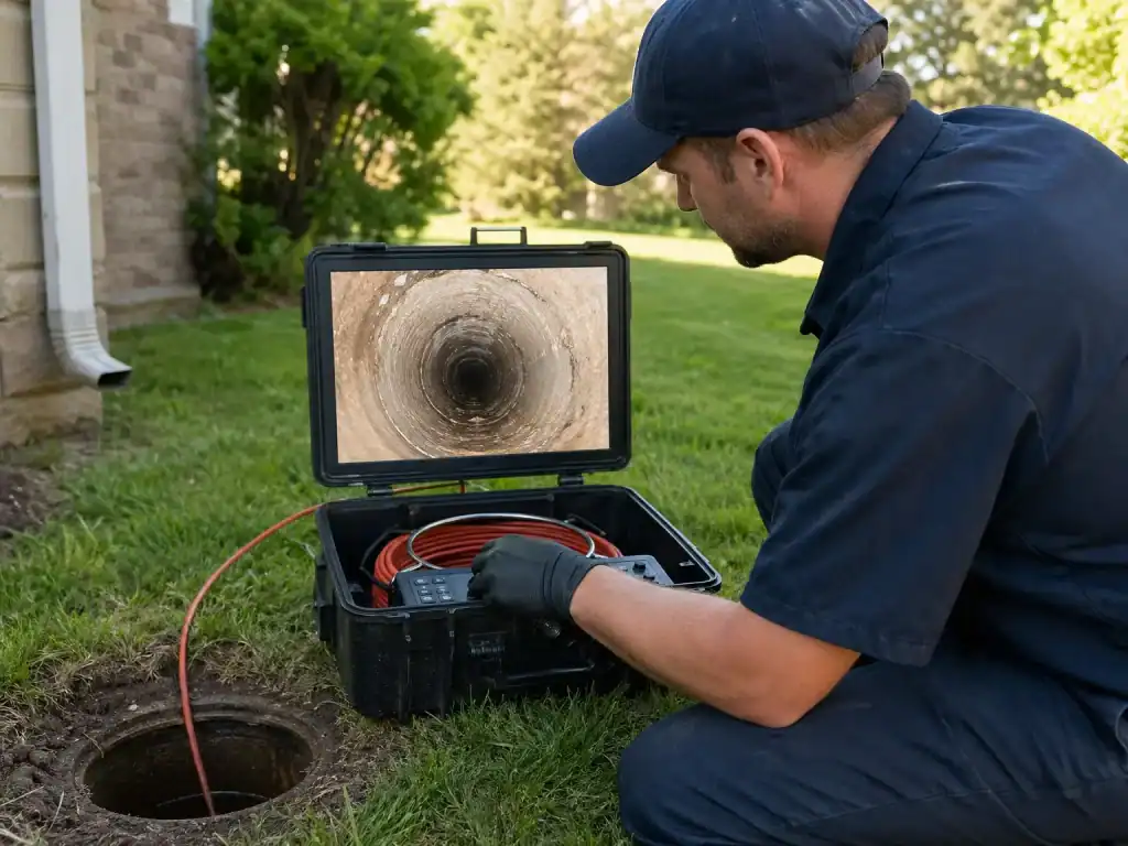 A worker in uniform uses a sewer inspection camera to examine the inside of an underground pipe, viewing the pipe’s interior on a monitor while kneeling on grass next to an open access hole.