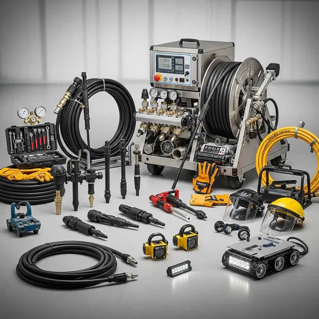 A collection of industrial cleaning and inspection equipment, including hoses, gauges, gloves, safety helmets with visors, handheld devices, cameras, a control unit on wheels, and various mechanical tools arranged on a light floor.