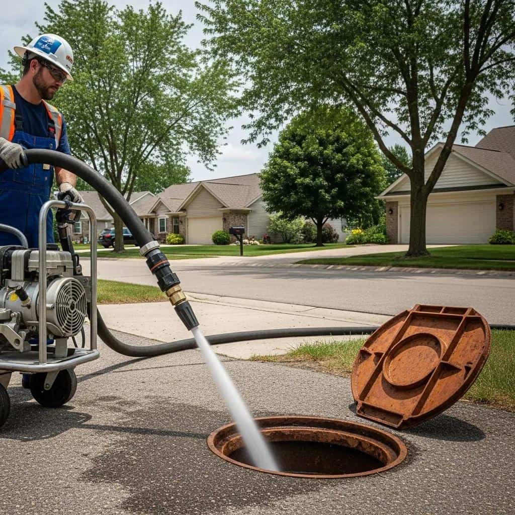 A worker in safety gear uses a hose to spray water into an open manhole on a suburban street, with houses and trees visible in the background. The manhole cover is resting nearby.