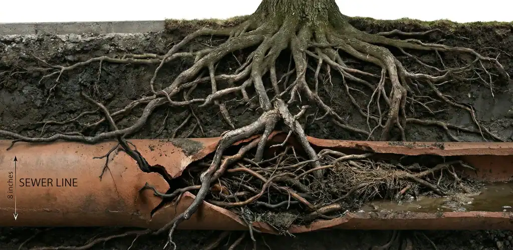 A trees roots spread underground, breaking and invading an 8-inch sewer pipe, causing visible cracks and blockage inside the pipe.