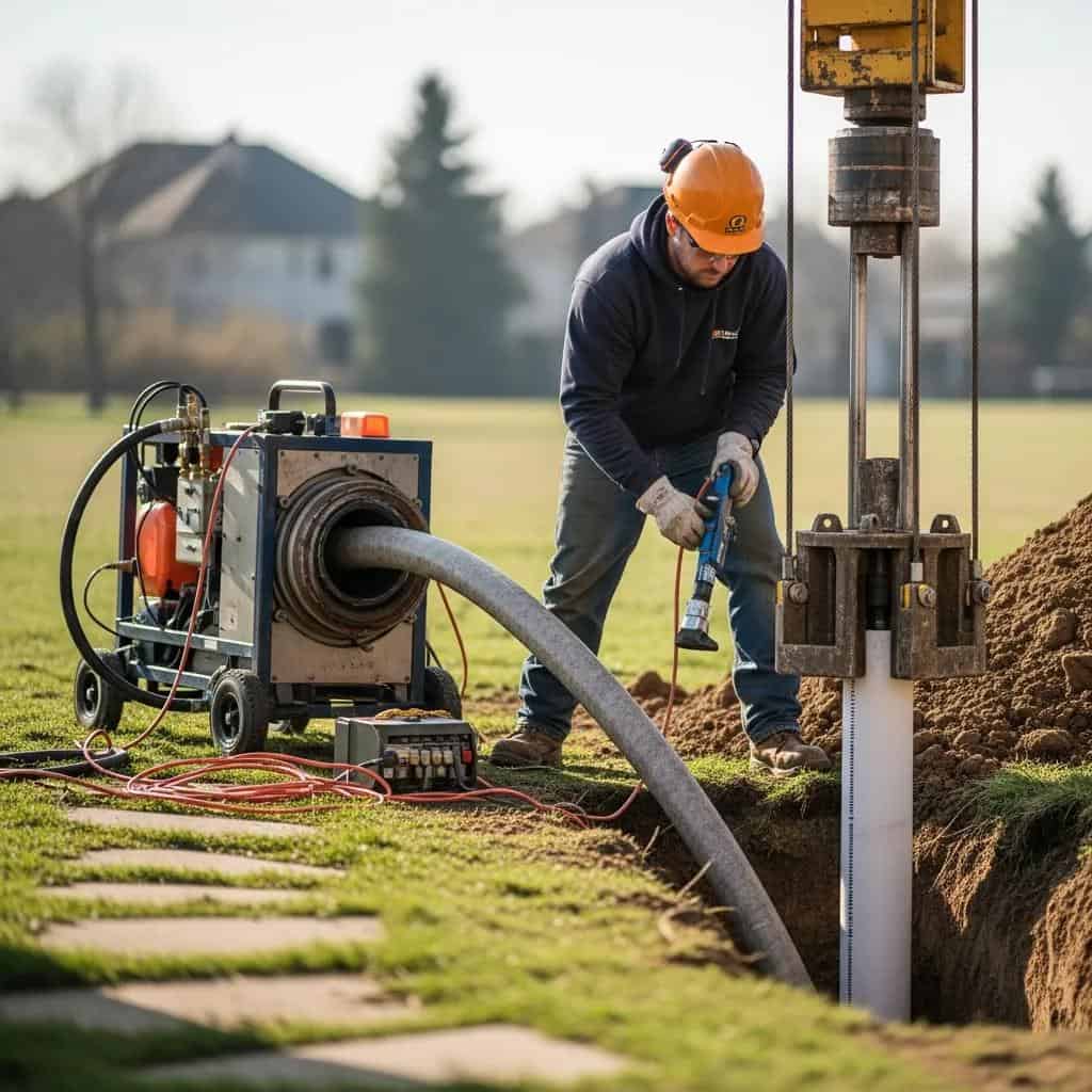 A worker in a hard hat operates machinery to insert a large pipe into the ground at a construction site, with grassy surroundings and houses in the background.