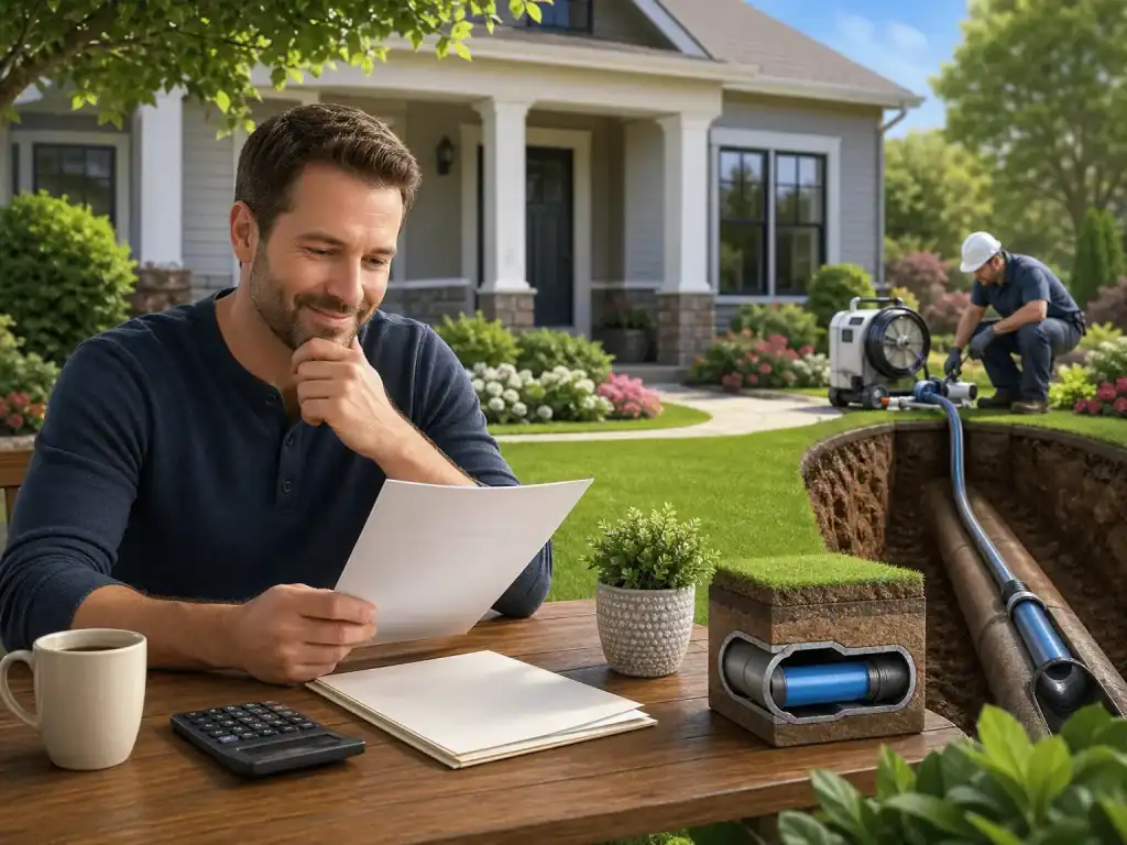 A man sits at an outdoor table, reviewing paperwork with a calculator nearby, while a worker repairs a pipe in a trench on a well-kept lawn in front of a house. A pipe cross-section model is displayed on the table.