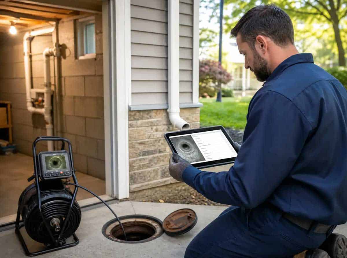 A technician in work clothes uses a tablet while inspecting a sewer line with a video camera system beside an open maintenance hole outside a building.