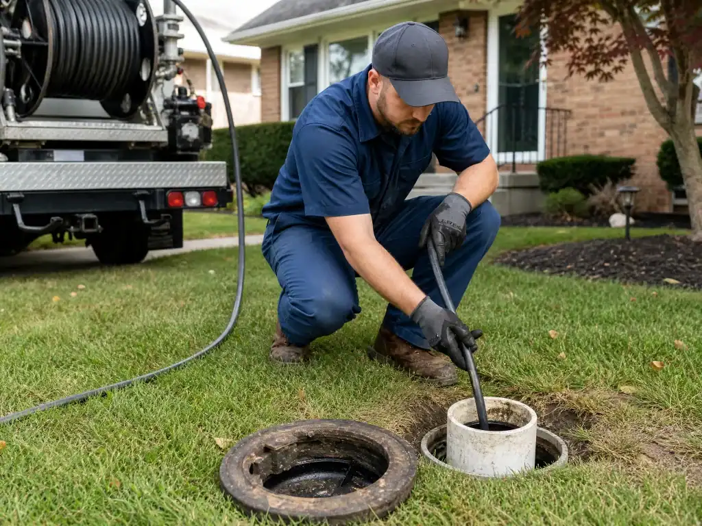 A worker in blue uniform and gloves cleans a residential sewer line outdoors using a hose, with a service truck parked nearby on the grass in front of a brick house.