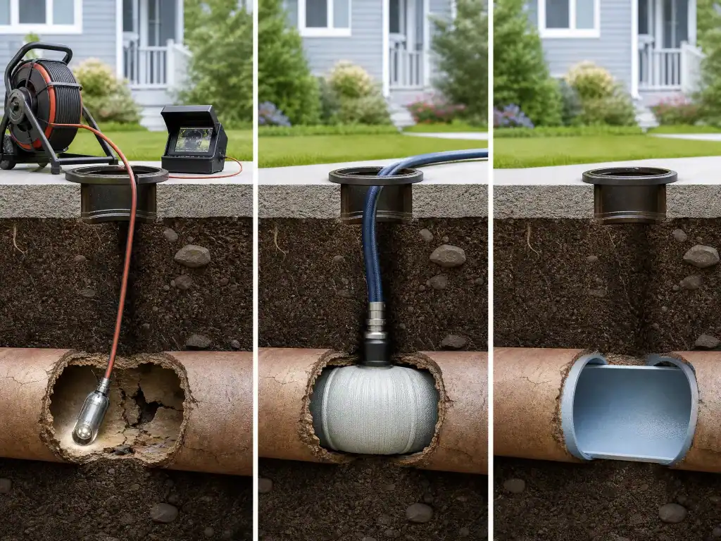 A three-panel image shows sewer pipe repair: The first panel has a camera inspecting a pipe, the second shows a liner being inserted, and the third displays the pipe with a new smooth interior lining. A house and lawn are visible above ground.