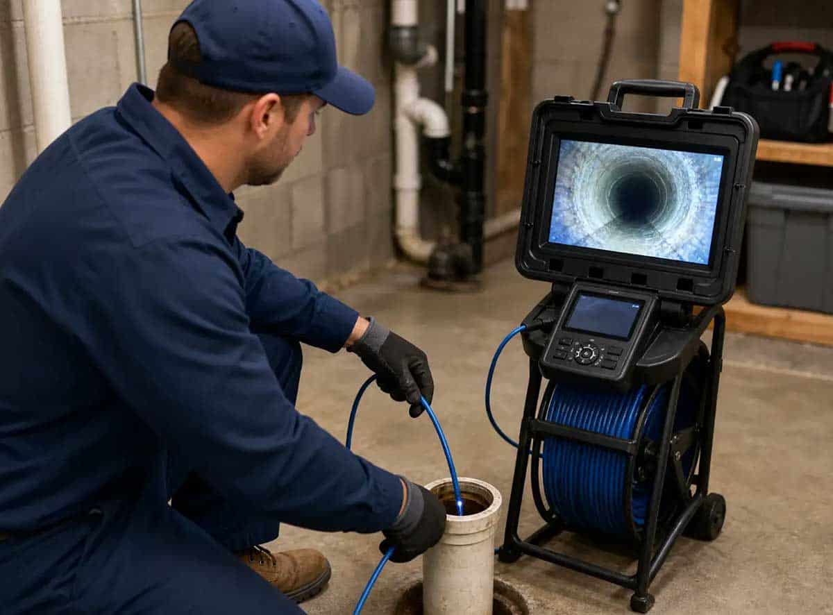 A worker in blue coveralls uses a sewer inspection camera to view the inside of a pipe on a portable monitor, showing a tunnel-like image on the screen in a utility room.