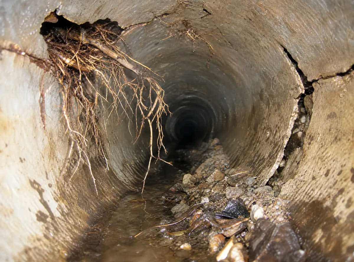 View inside a damaged sewer pipe with exposed tree roots growing through a crack at the top and debris, rocks, and water collecting along the bottom.