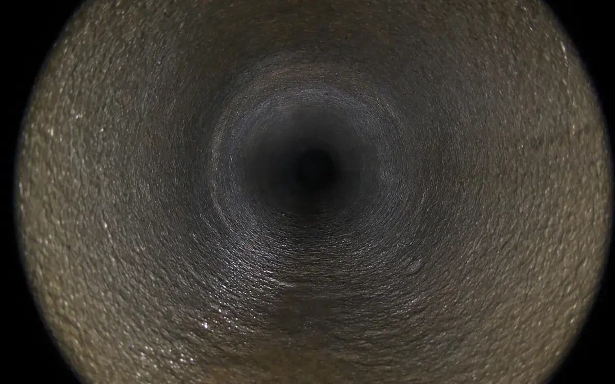 Same cast-iron drain after hydro jetting — full diameter restored, pipe wall clean, Warren MI