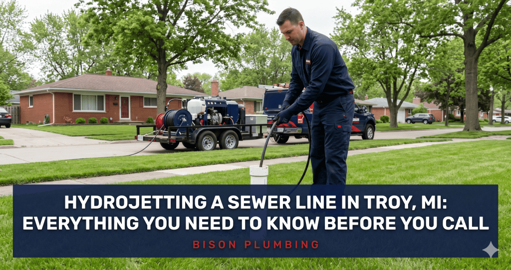 A Bison Plumbing technician hydrojets a sewer line in Troy, MI. The text reads: Hydrojetting a Sewer Line in Troy, MI: Everything You Need to Know Before You Call.