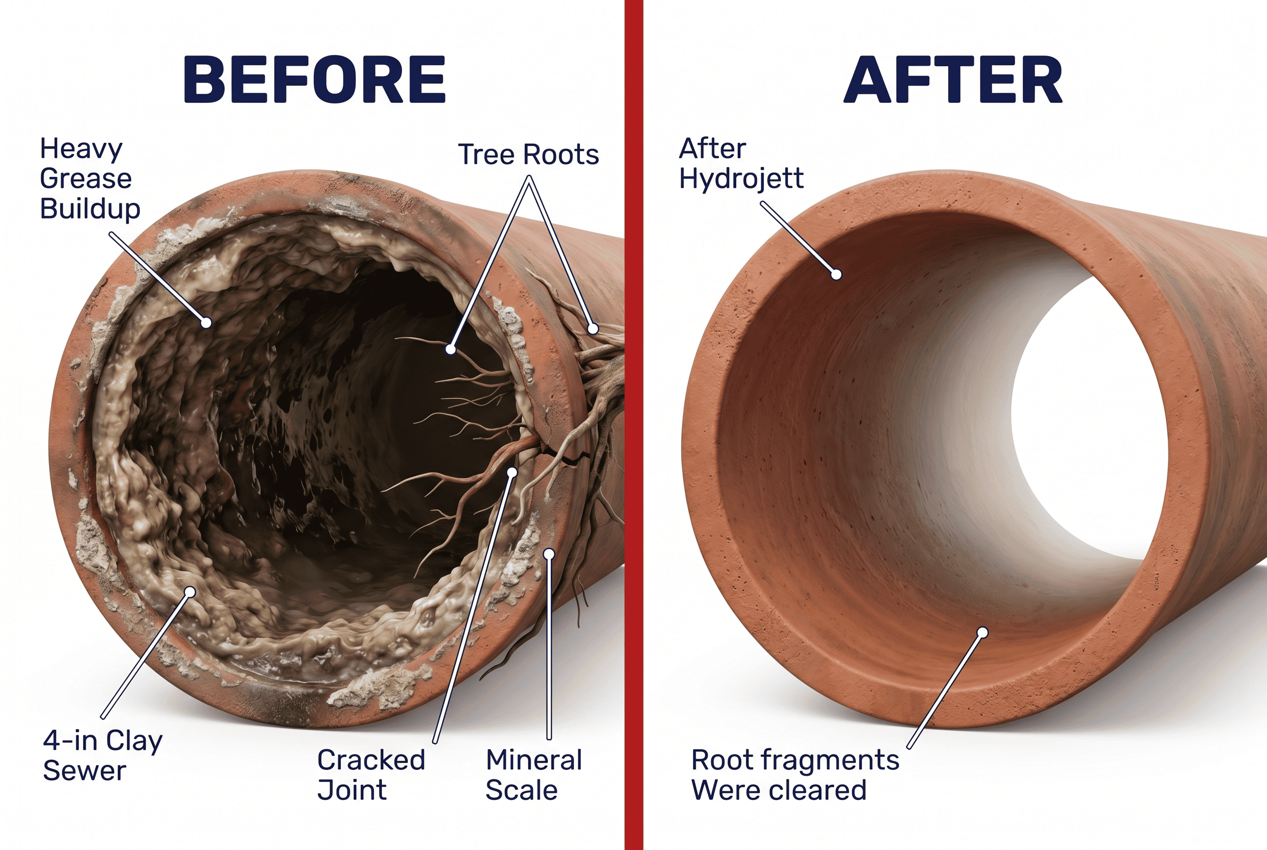 Before and after cross-section of a sewer pipe showing grease and root buildup cleared by hydrojetting