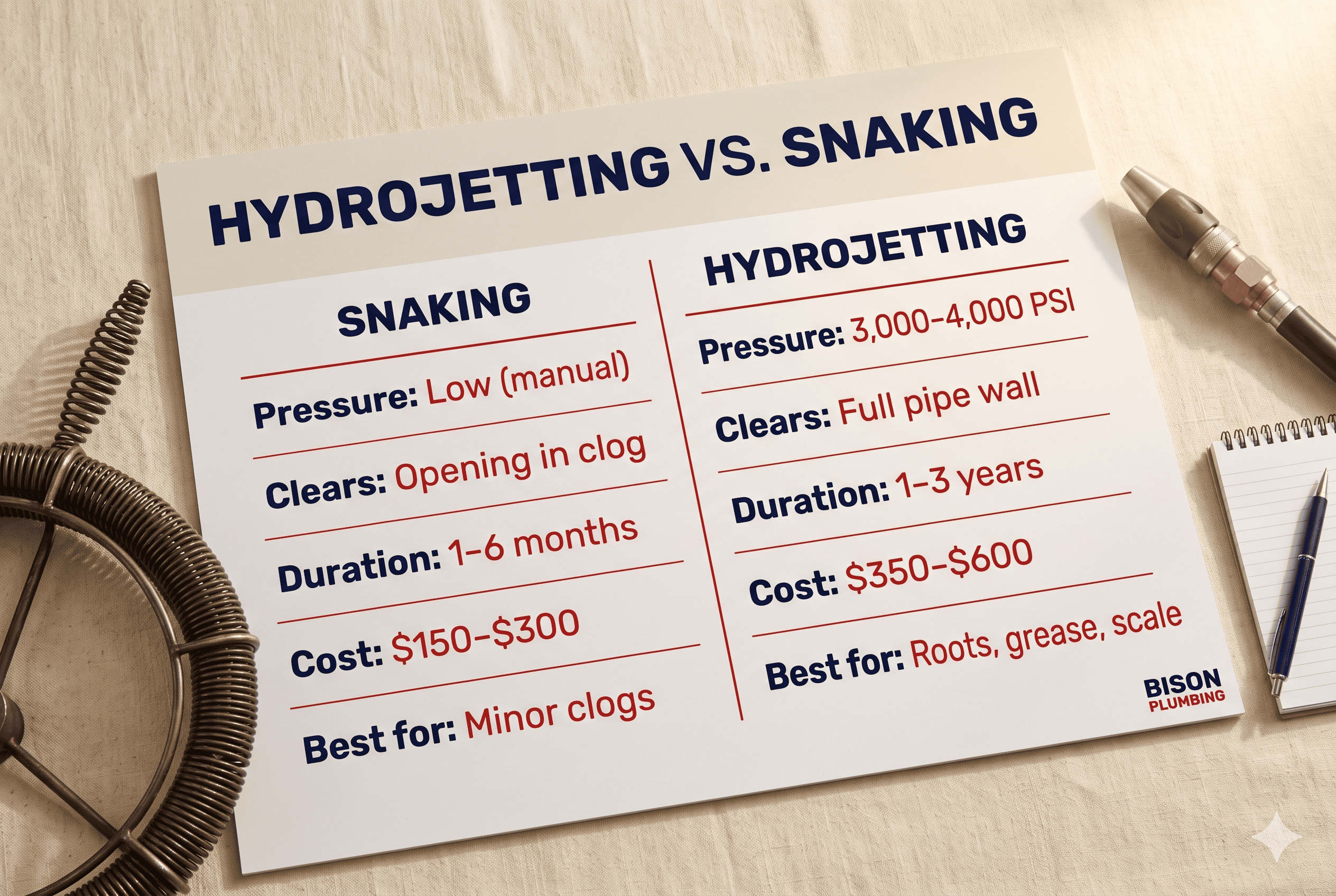 Hydrojetting cost breakdown for Troy MI showing prices from $250 to $900 by service type