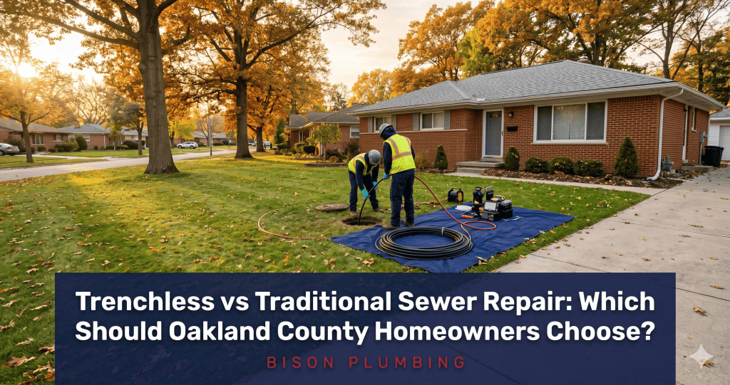 Two workers install sewer repair equipment on the front lawn of a suburban brick house at sunrise. Text overlay reads: Trenchless vs Traditional Sewer Repair: Which Should Oakland County Homeowners Choose? Bison Plumbing.