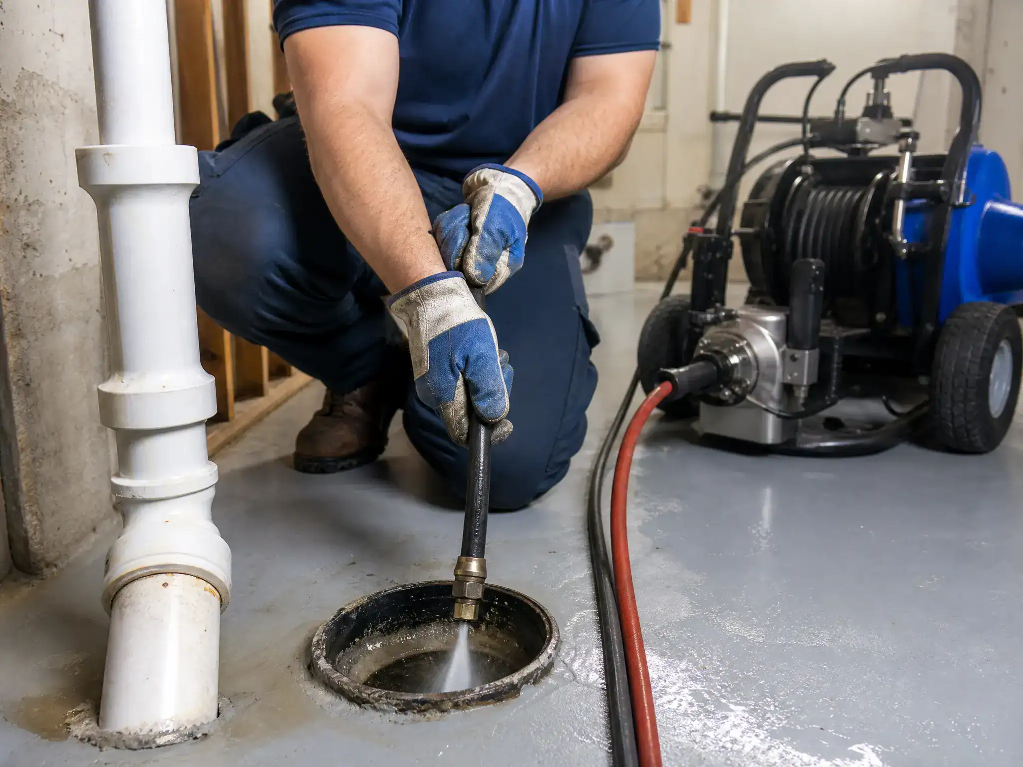 A plumber wearing gloves uses a high-pressure water jet to clean a drain in a basement, with pipes and jetting equipment visible on the floor.