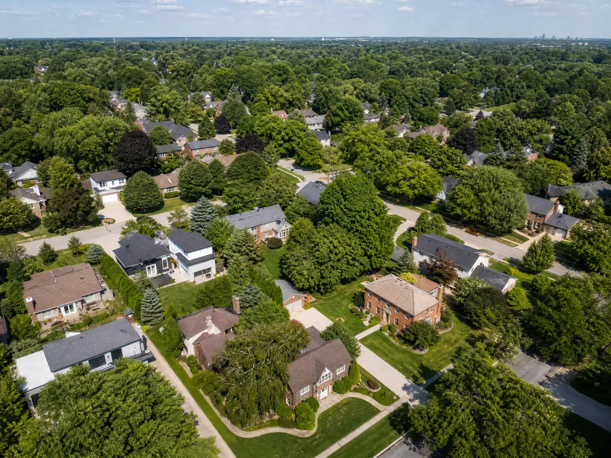 Aerial view of a suburban neighborhood with tree-lined streets, green lawns, and houses spaced apart. The area is lush with mature trees under a partly cloudy sky.