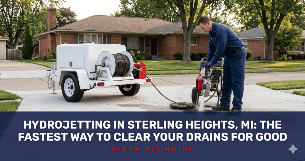 A plumber uses hydrojetting equipment on a residential driveway, with a hose reel trailer parked nearby. Text reads: Hydrojetting in Sterling Heights, MI: The fastest way to clear your drains for good. Bison Plumbing.