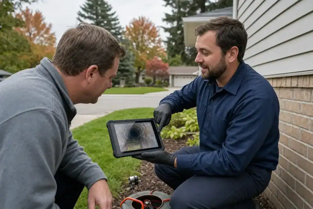 Two men outside a house examine a tablet screen showing a pipe inspection image. One man points at the screen while wearing gloves, and plumbing equipment is visible on the grass nearby.